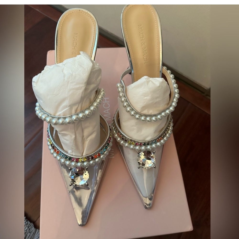 Mach & Mach 100MM Diamond Pearl Clear Silver Pointed Heels